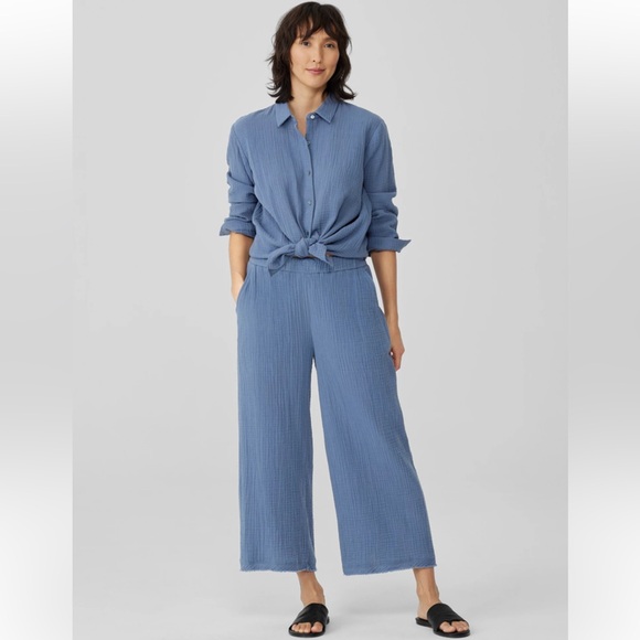 Eileen Fisher Pants - Eileen Fisher Blue Organic Cotton Gauze Wide-Leg Pant Cropped Sz L 22” Inseam